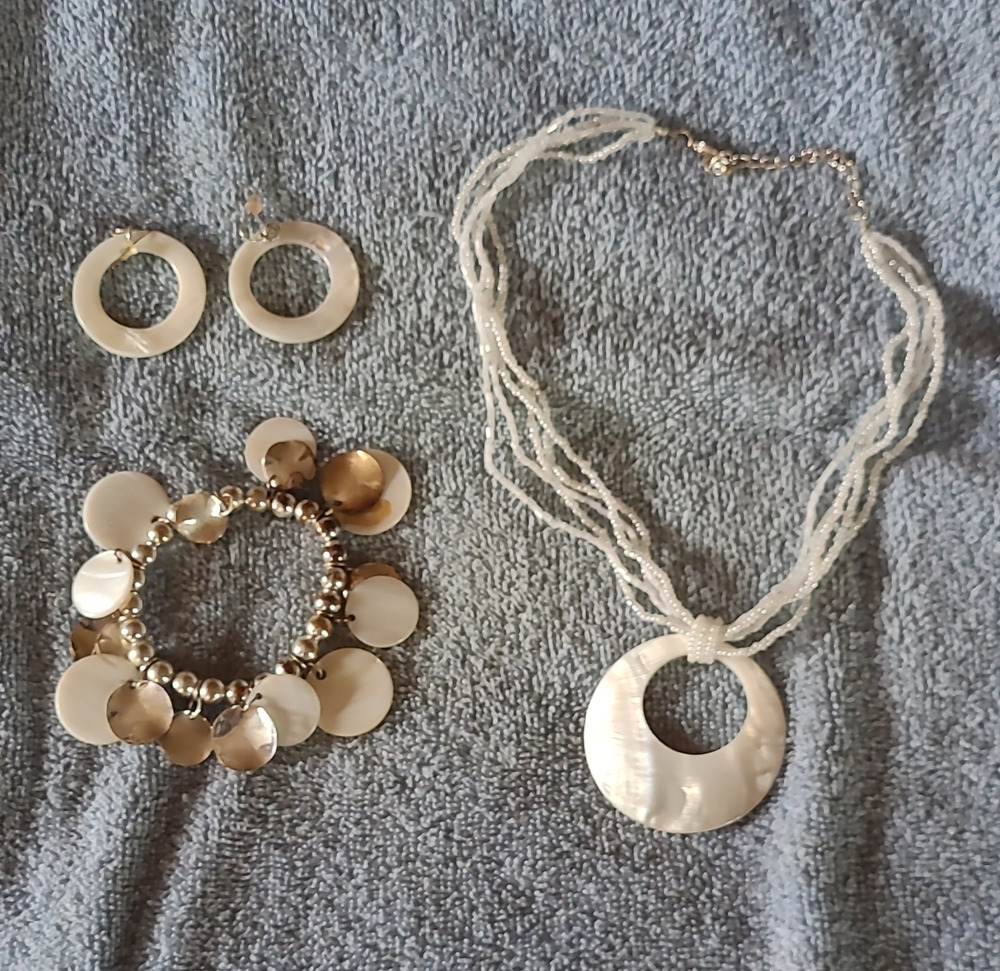 Coastal Boho & White Shell Multi-Strand Necklace Bracelet Earrings Jewelry Set